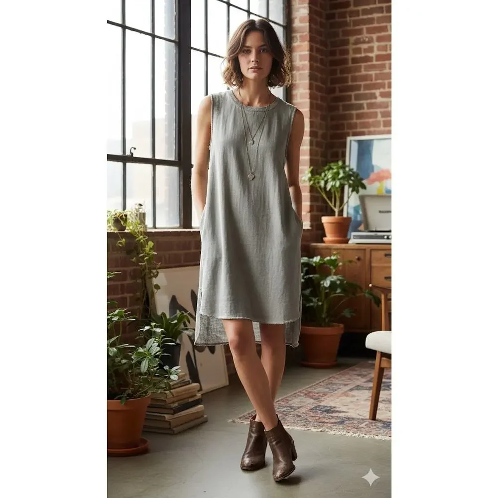 Cloth & Stone Anthropologie Gray Tencel Frayed Shift Dress -‎ High-Low SZ S